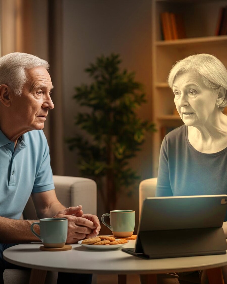 An older man at a café table sharing coffee with a companion who appears beside him through Hearth