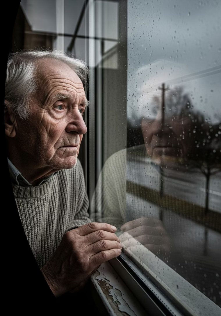 An older man alone at home, looking out a rainy window